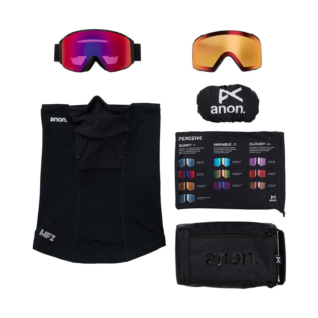 M4S Goggles (Cylindrical) + Bonus Lens + MFI® Face Mask - Black/Perceive Sunny Red