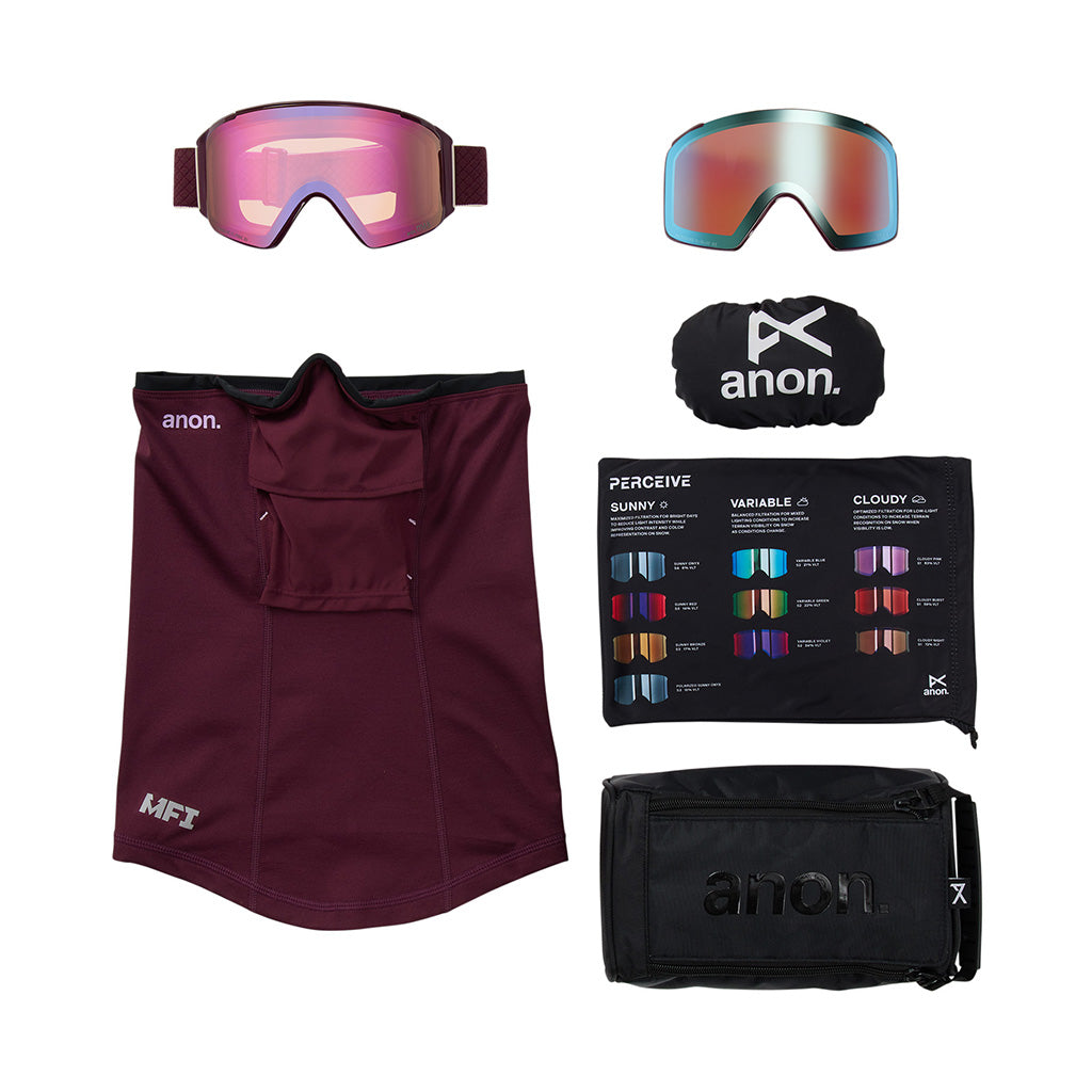 M4S Goggles (Cylindrical) + Bonus Lens + MFI® Face Mask - Deep Cherry/Perceive Cloudy Pink